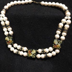 Pearl necklace with hand painted wooden designs